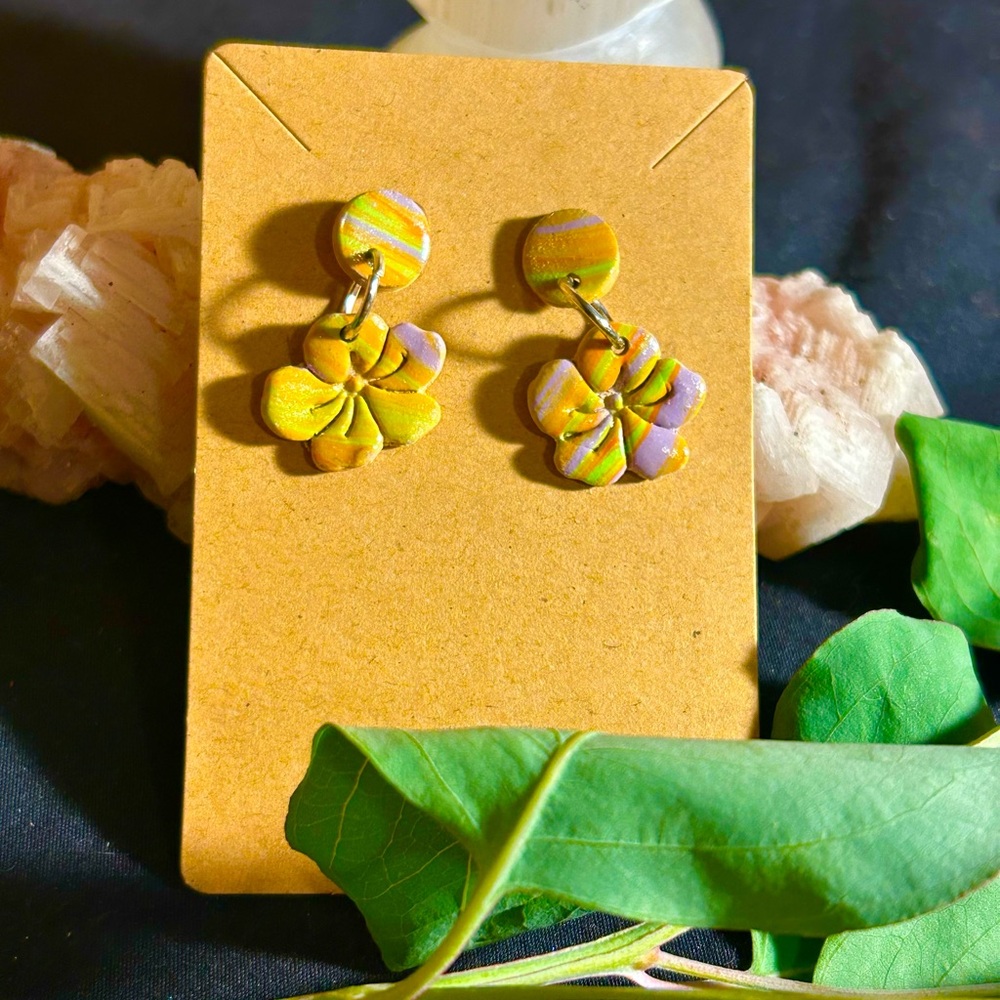 Yellow and Purple Floral Hibiscus Dangle Stud Earrings